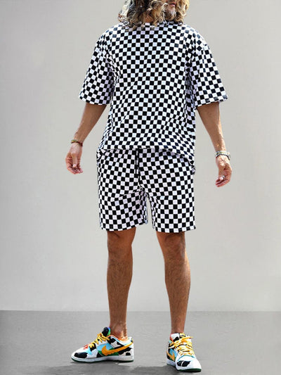 Stylish Checker Print T-shirt Sets Sets coofandy Black M 