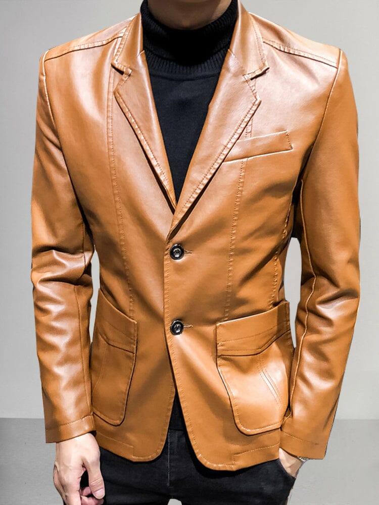 Stylish Classic Leather Blazer Blazer coofandy Khaki S 