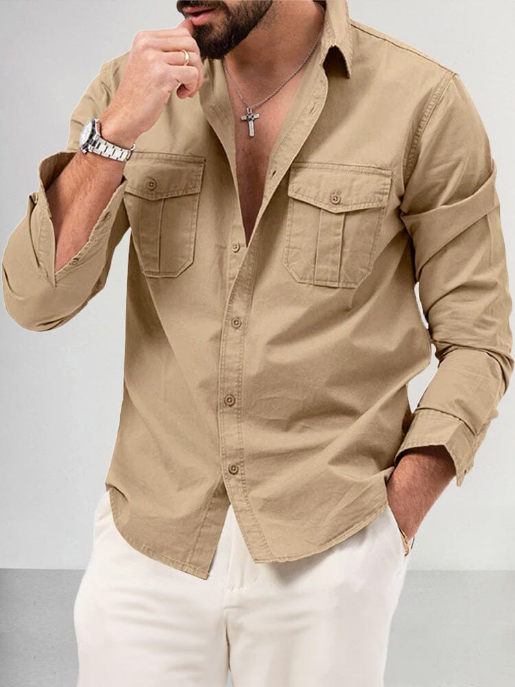 Casual Double Pockets Solid Shirt Shirts coofandy Khaki S 