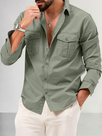 Casual Double Pockets Solid Shirt - Long Sleeve, Ideal for Daily