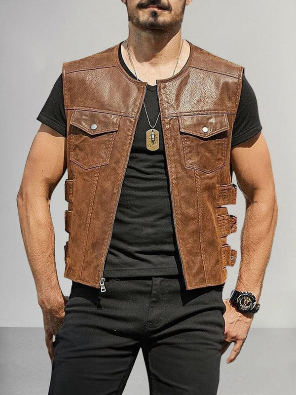 Premium Motorcycle Leather Vest Vest coofandy Brown S 