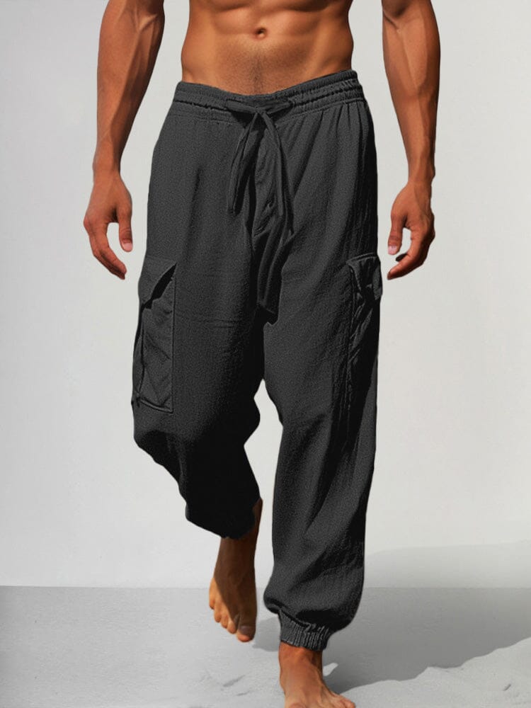 Multi Pockets Cotton Linen Pants Pants coofandy Black M 