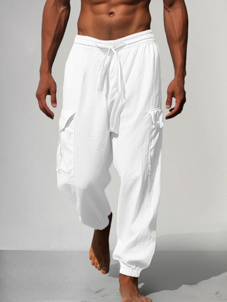 Multi Pockets Cotton Linen Pants Pants coofandy White M 