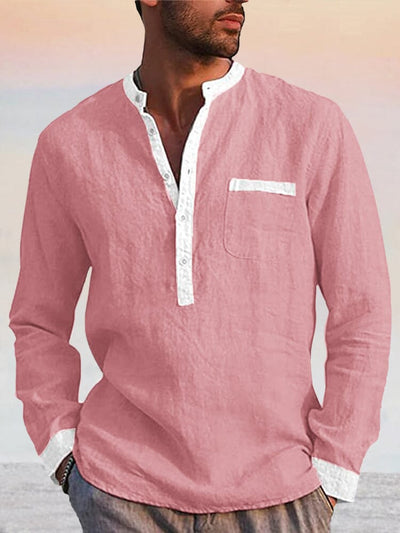 Splicing Cotton Linen Henley Shirt Shirts coofandy Pink M 