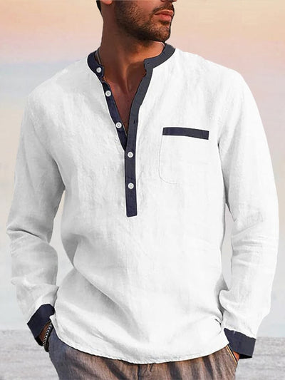 Splicing Cotton Linen Henley Shirt Shirts coofandy White M 