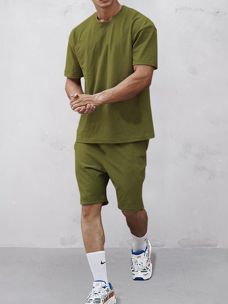 Athleisure 100% Cotton T-shirt Set Sets coofandy Army Green XS 
