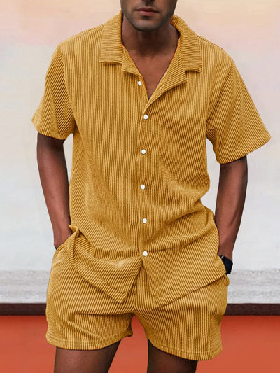 Casual Corduroy Shirt Shorts Set Sets coofandy Yellow S 