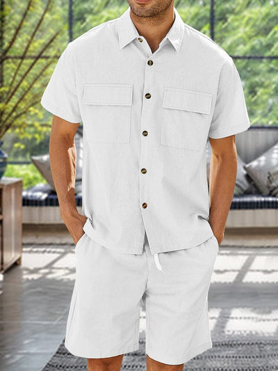 Athleisure 100% Cotton Shirt Shorts Set Sets coofandy White S 