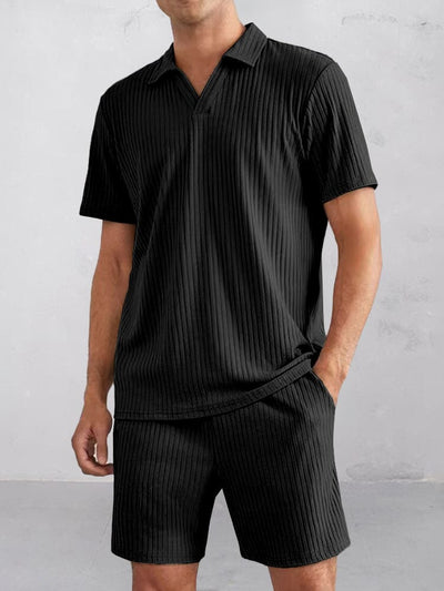 Casual Striped Textured Polo Shirt Set Sets coofandy Black S 