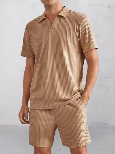 Casual Striped Textured Polo Shirt Set Sets coofandy Khaki S 
