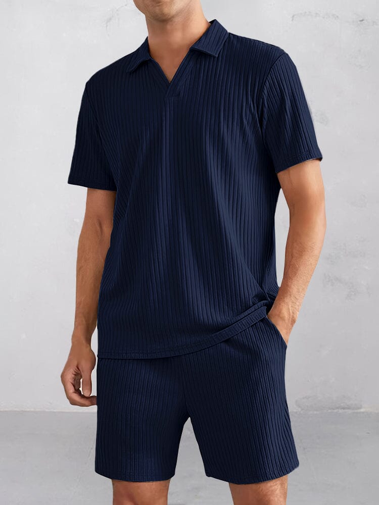 Casual Striped Textured Polo Shirt Set Sets coofandy Navy Blue S 