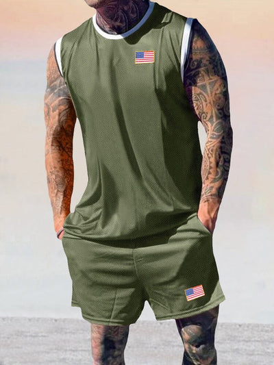 Athleisure Breathable Tank Top Shorts Set Sets coofandy Army Green M 