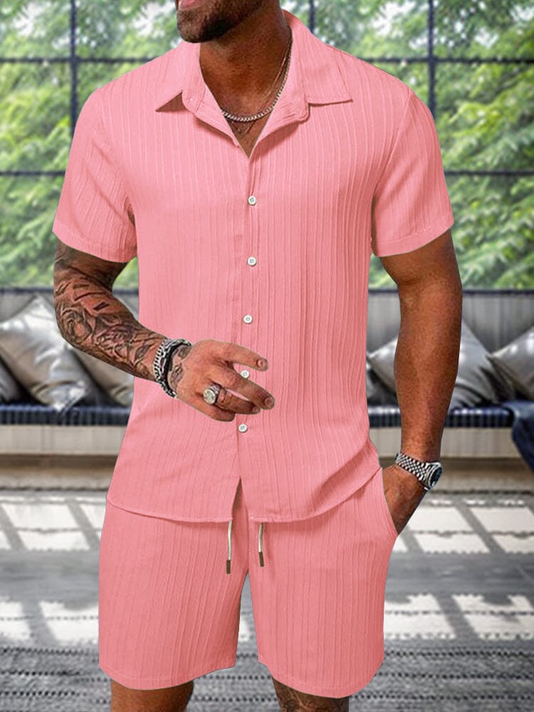 Leisure Textured Shirt Set Sets coofandy Pink S 