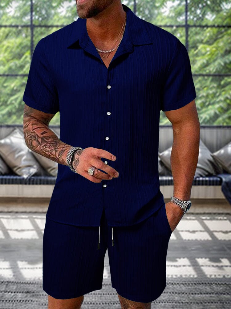 Leisure Textured Shirt Set Sets coofandy Navy Blue S 