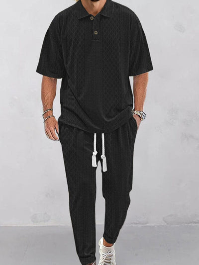Casual Jacquard Knit Polo Shirt Set Sets coofandy Black M 