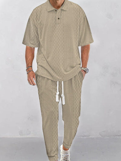 Casual Jacquard Knit Polo Shirt Set Sets coofandy Khaki S 