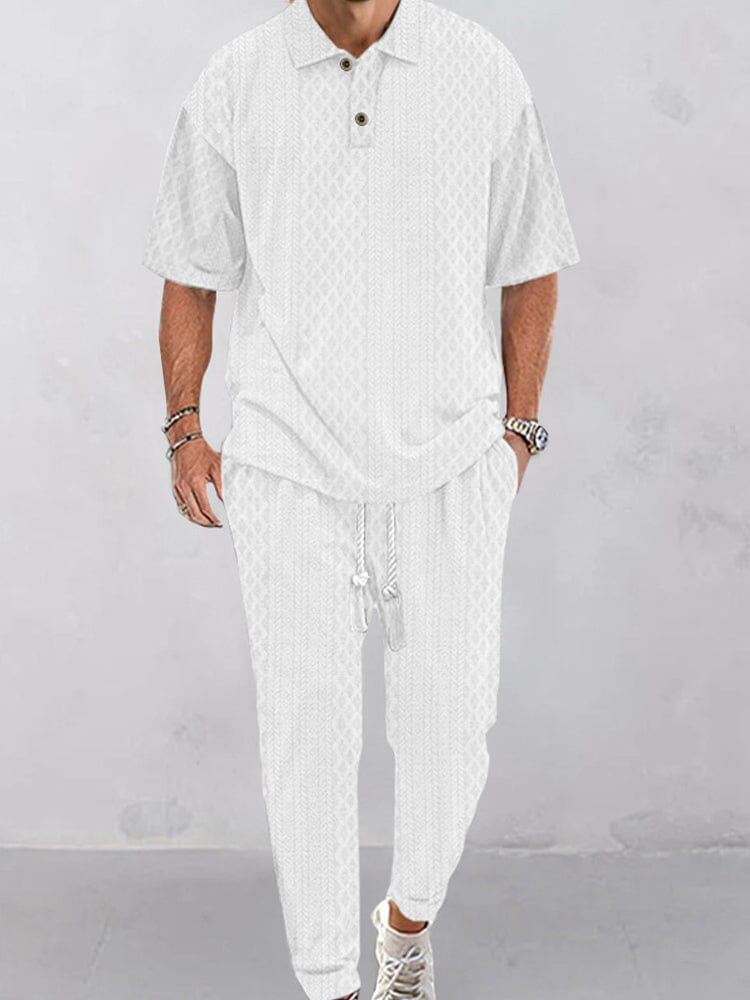 Casual Jacquard Knit Polo Shirt Set Sets coofandy White S 