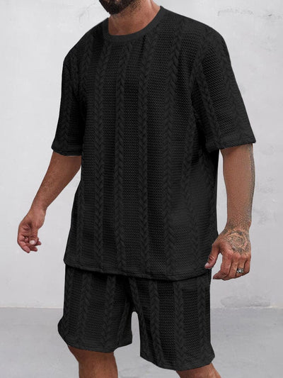 Casual Jacquard T-shirt Shorts Set Sets coofandy Black S 