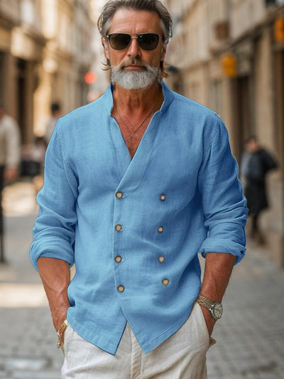 Casual Double Breasted Cotton Shirt Shirts coofandy Blue M 