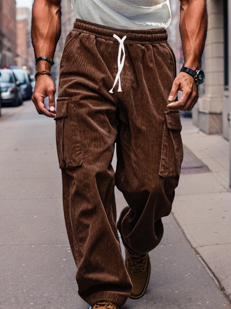 Corduroy Straight Leg Cargo Pants Pants coofandy Brown S 