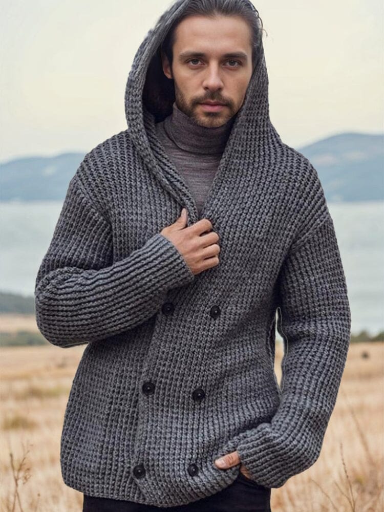 Double-Breasted Hooded Knit Cardigan Cardigans coofandy Dark Grey M 