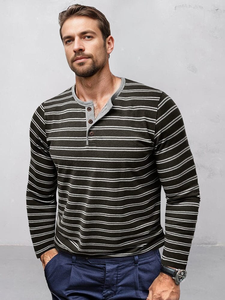 Comfy Soft Stripe Henley Shirt T-Shirt coofandy Black S 