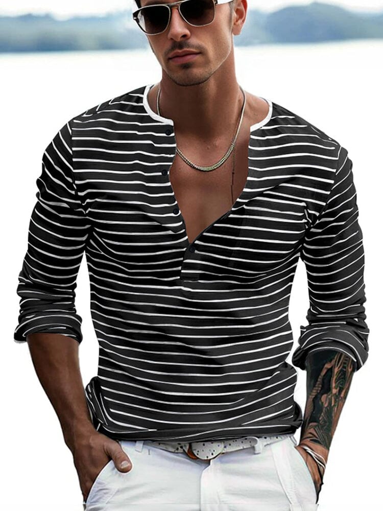 Comfy Basic Stripe Henley Shirt T-Shirt coofandy Black S 