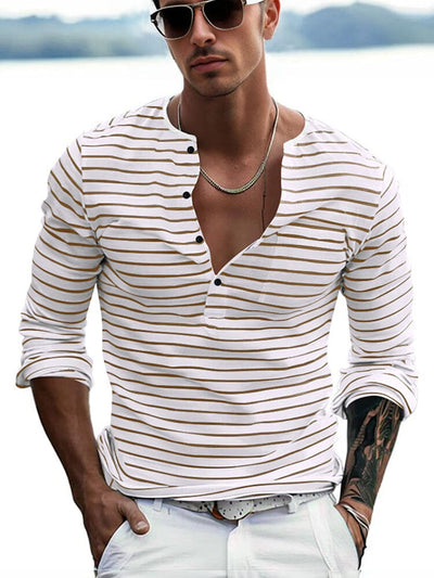 Comfy Basic Stripe Henley Shirt T-Shirt coofandy Beige S 