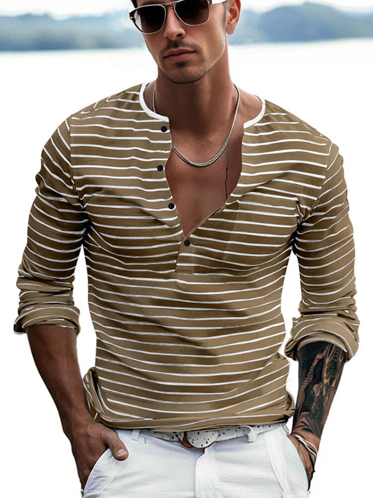 Comfy Basic Stripe Henley Shirt T-Shirt coofandy Khaki S 