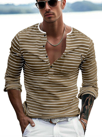 Comfy Basic Stripe Henley Shirt T-Shirt coofandy Khaki S 