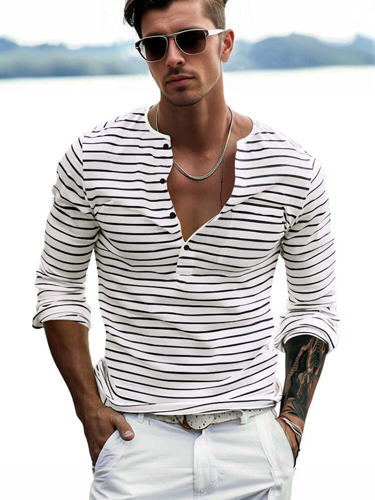 Comfy Basic Stripe Henley Shirt T-Shirt coofandy White S 