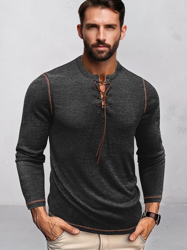 Ribbed Contrast Drawstring Henley Shirt Shirts coofandy Black M 