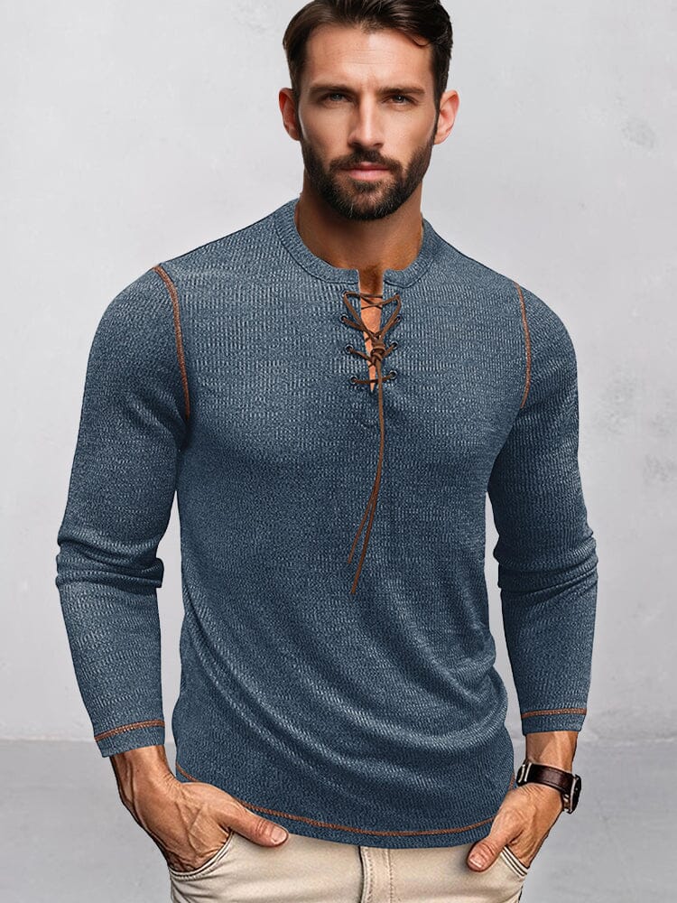 Ribbed Contrast Drawstring Henley Shirt Shirts coofandy Blue M 