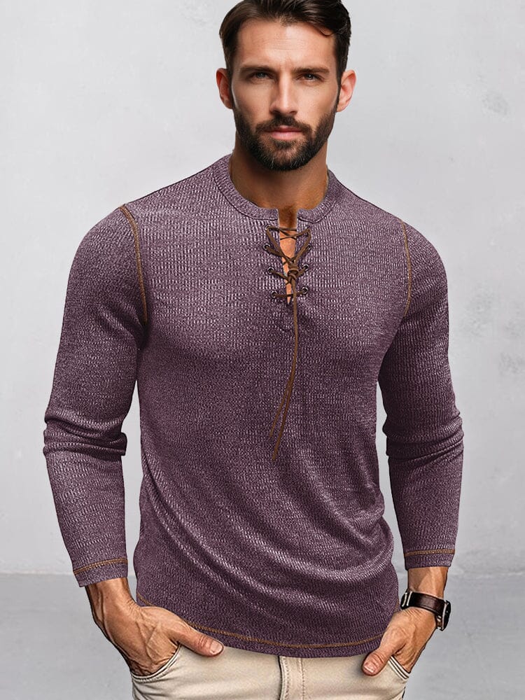 Ribbed Contrast Drawstring Henley Shirt Shirts coofandy Purple M 