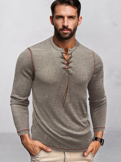 Ribbed Contrast Drawstring Henley Shirt Shirts coofandy Khaki M 