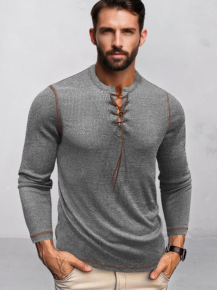 Ribbed Contrast Drawstring Henley Shirt Shirts coofandy Grey M 