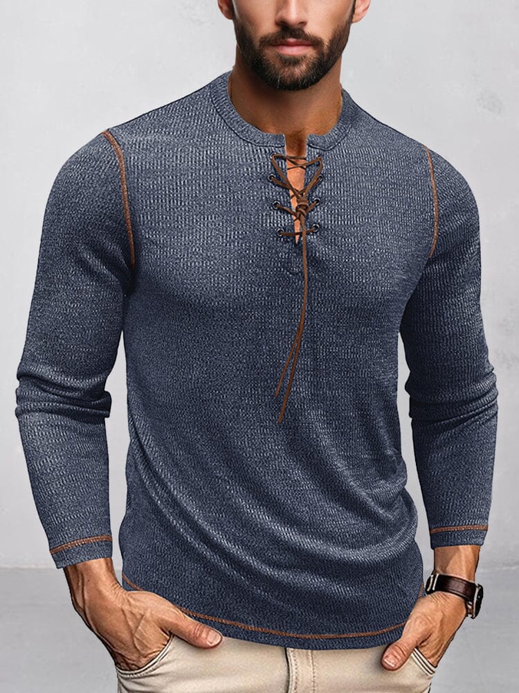 Ribbed Contrast Drawstring Henley Shirt Shirts coofandy 