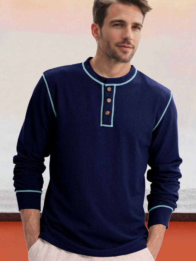 Comfy Versatile Waffle Henley Shirt T-Shirt coofandy Dark Blue S 