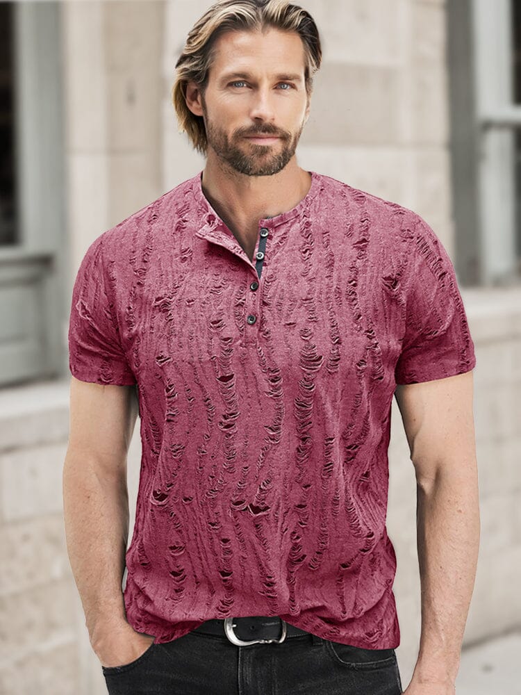 Vintage-Inspired Rips Henley Shirt Shirts coofandy Dark Red S 