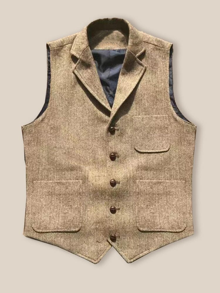 Vintage-Inspired Herringbone Tweed Vest Vest coofandy Khaki M 