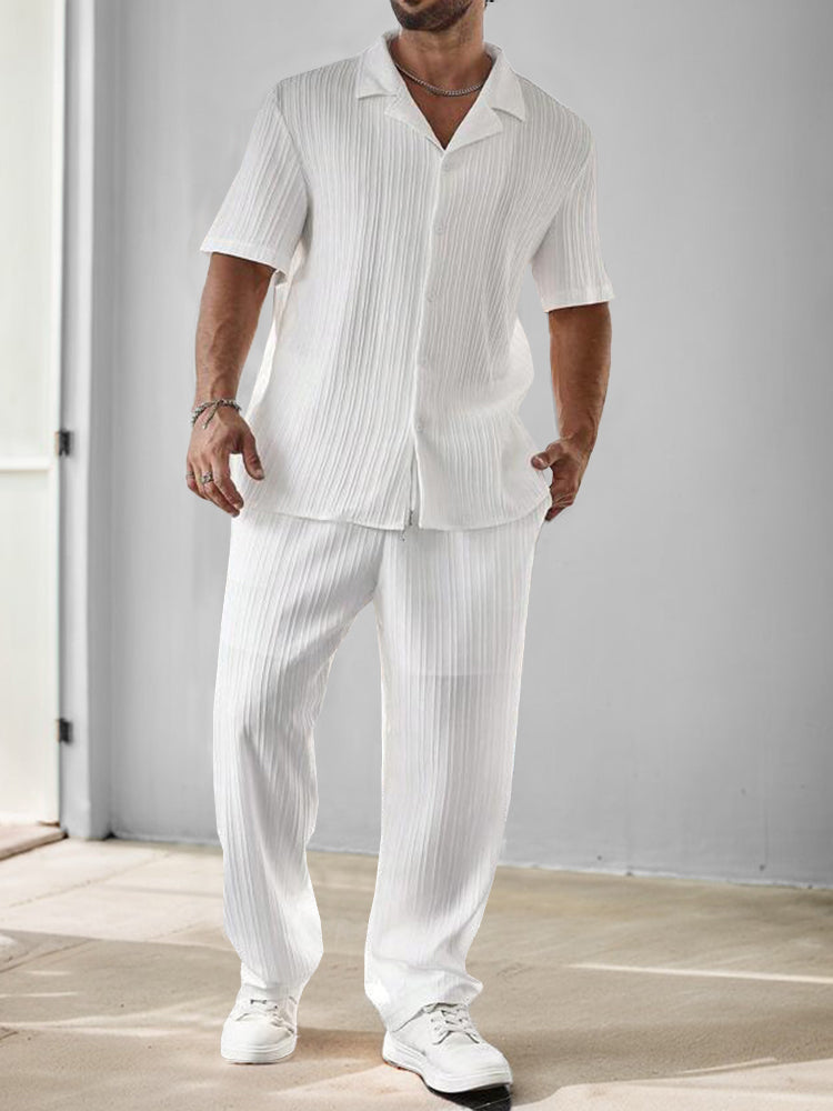 Versatile Stripe Textured Shirt Pants Set