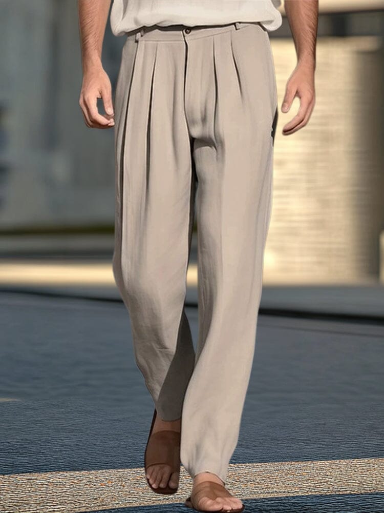 Cotton Linen Pleated Wide-Leg Trousers