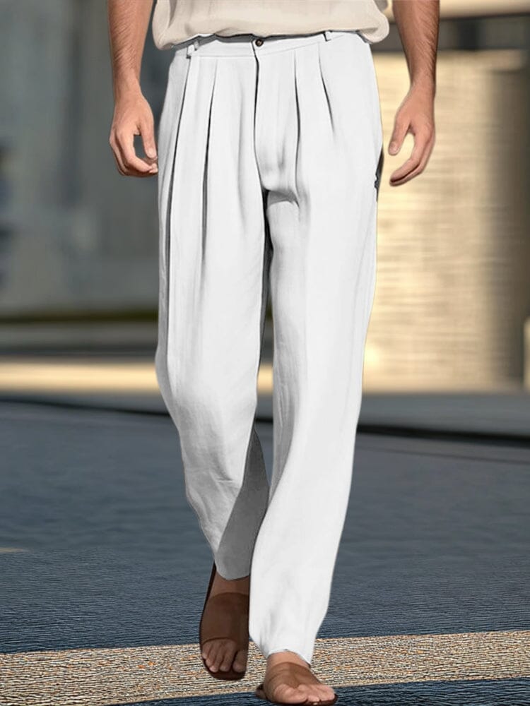 Cotton Linen Pleated Wide-Leg Trousers