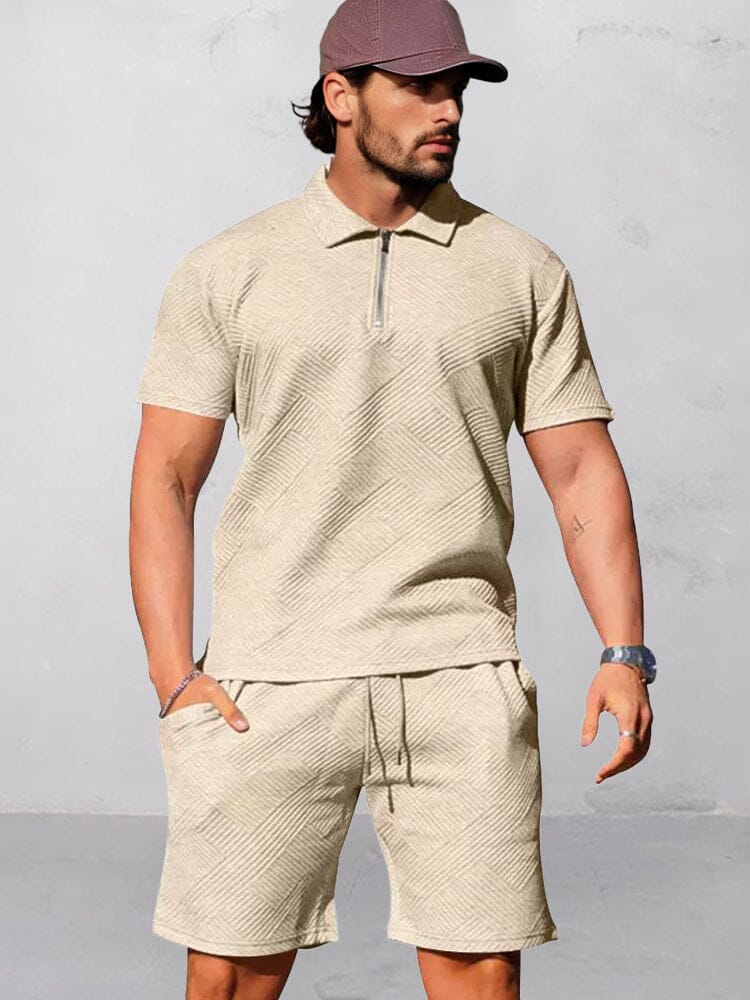 Athleisure Jacquard Textured Matching Set Sports Set coofandy Khaki M 