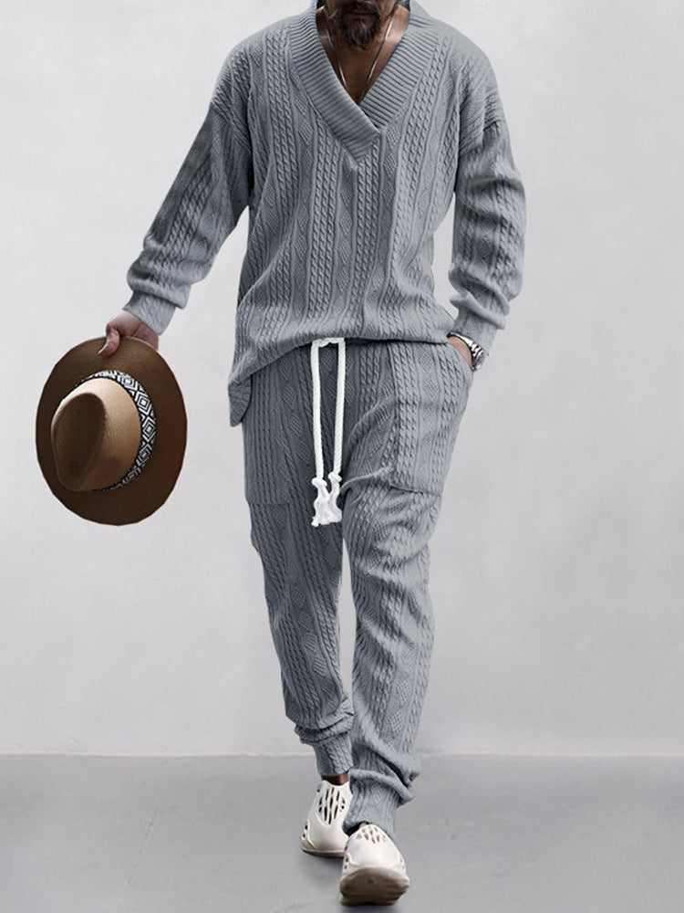 Men's Athleisure Long-Sleeve Cable Jacquard Shirt Drawstring Pants