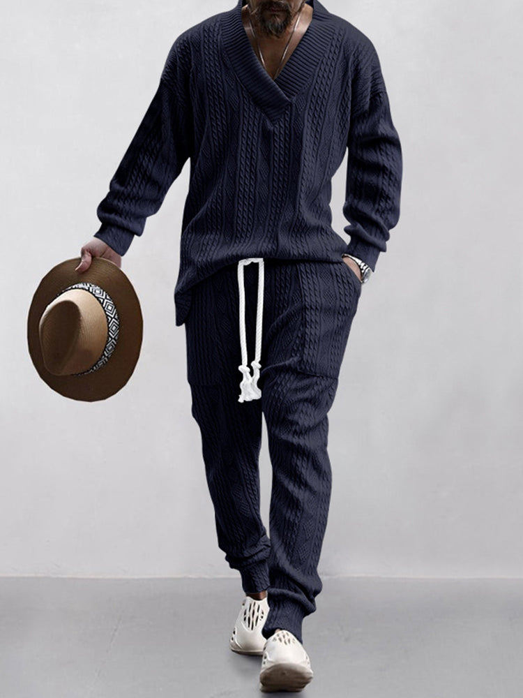 Men's Athleisure Long-Sleeve Cable Jacquard Shirt Drawstring Pants