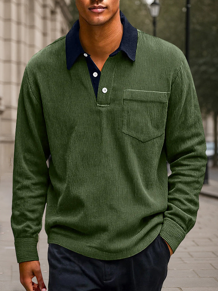 Versatile Color Block Corduroy Polo Shirt