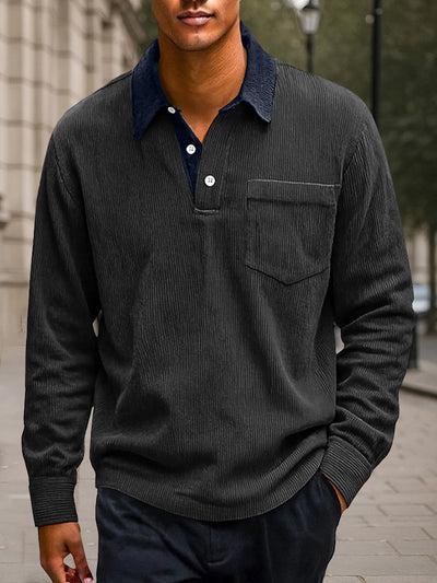 Versatile Color Block Corduroy Polo Shirt