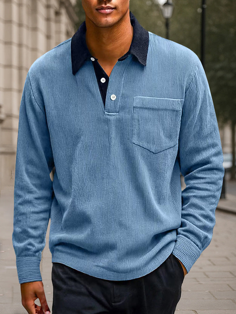 Versatile Color Block Corduroy Polo Shirt