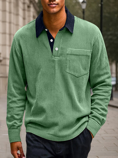 Versatile Color Block Corduroy Polo Shirt